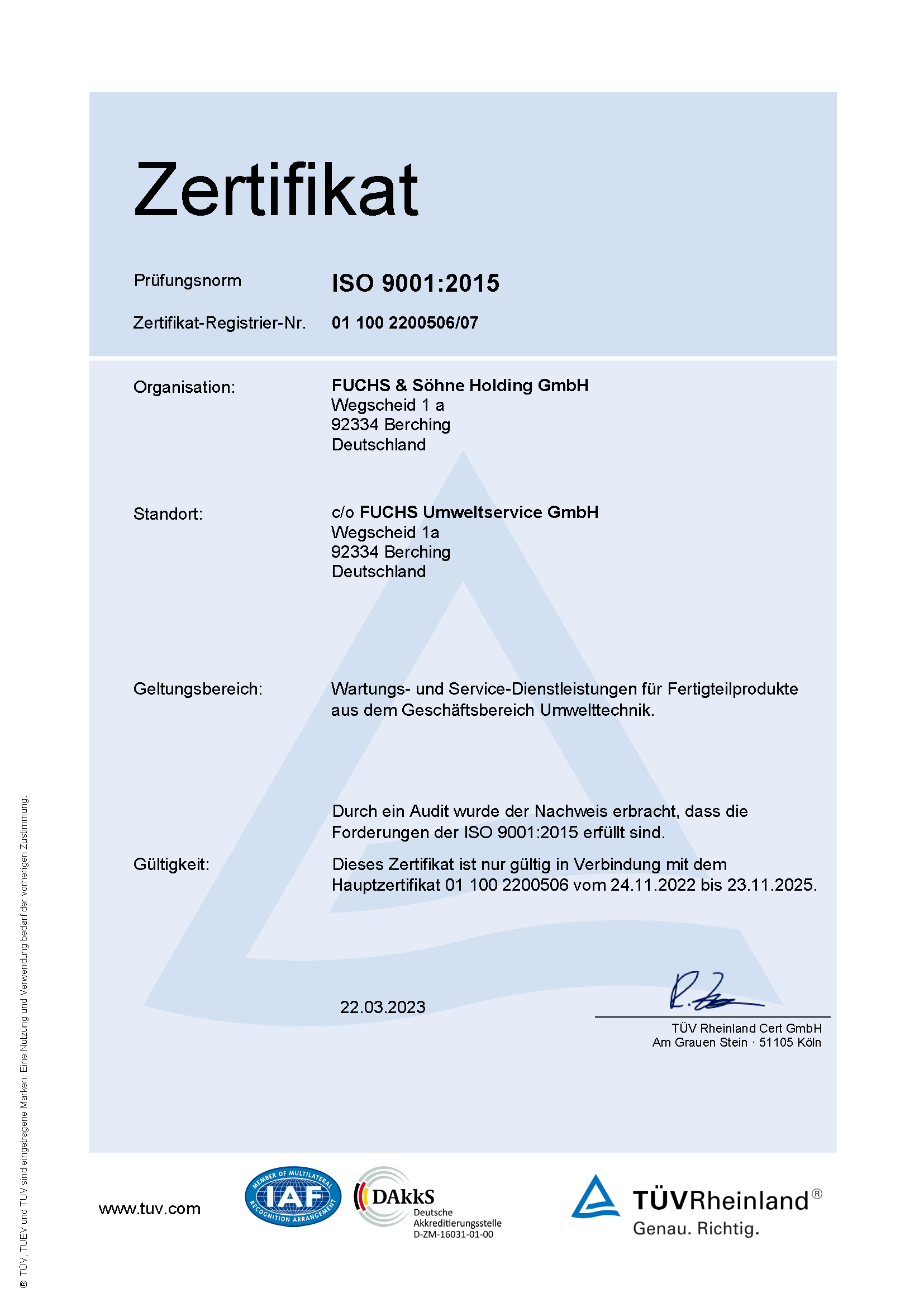 FUCHS UmweltService_Zertifikat ISO 9001_gültig bis 2025