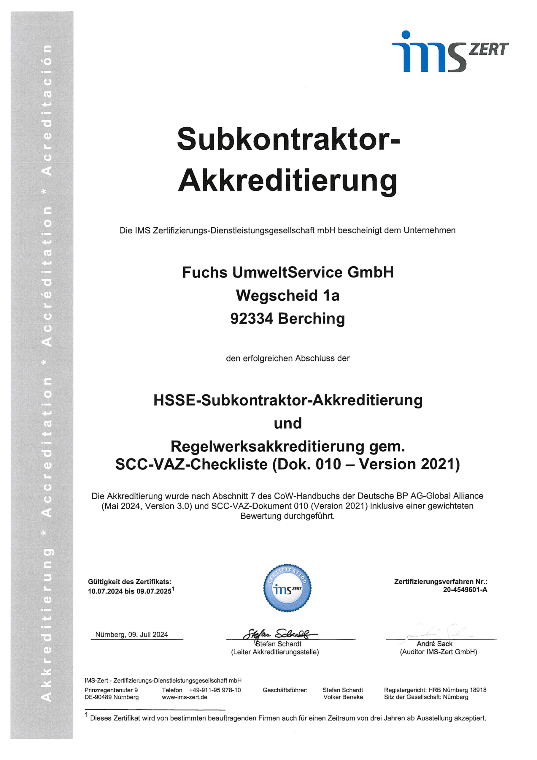 HSSE-Kontraktor-Akkreditierung gültig bis 09.07.2025